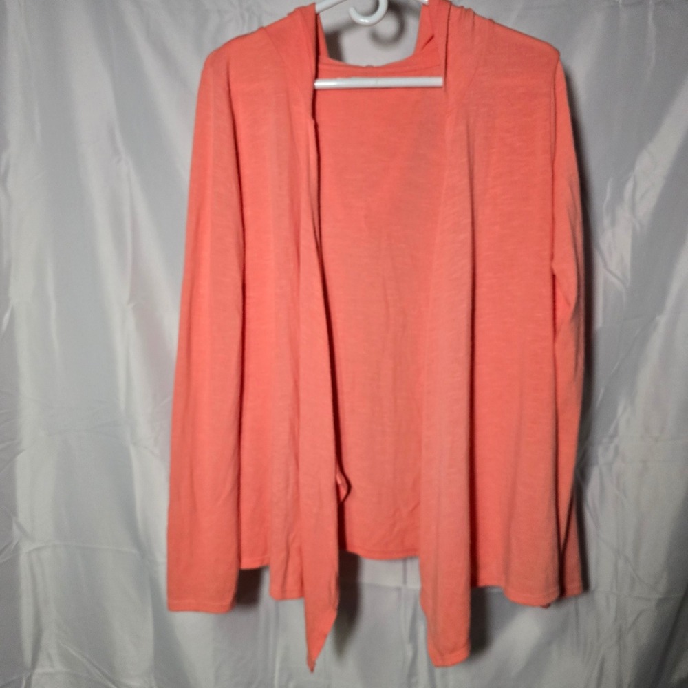 Maurices Womens Large Coral‎ Pink Open Front Hooded Cardigan Sweater Knit